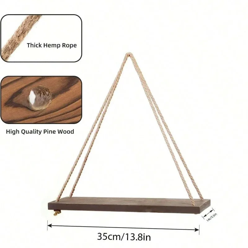1PC Wooden Swing Hanging Hemp Rope Wall Shelve Mounted Floating