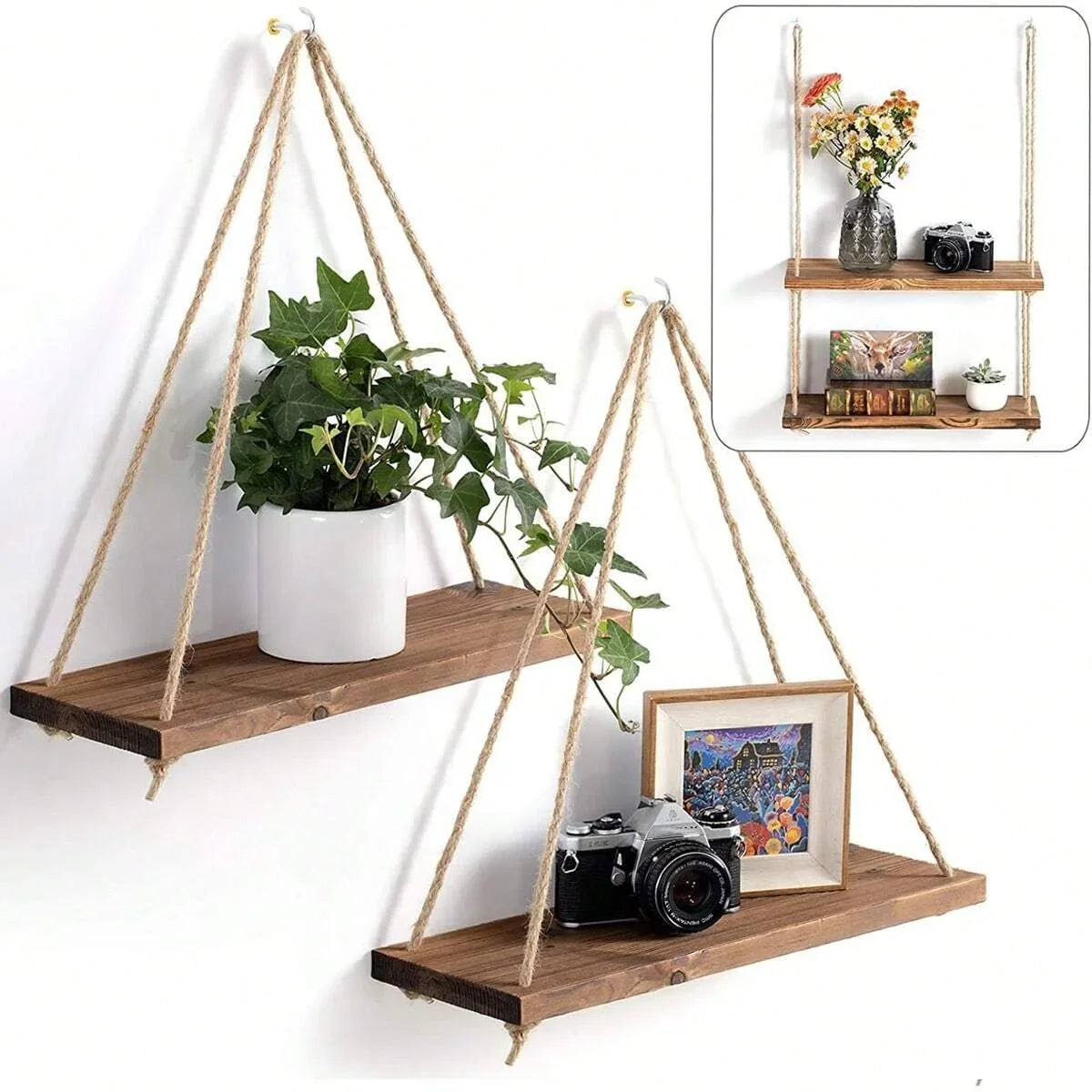 1PC Wooden Swing Hanging Hemp Rope Wall Shelve Mounted Floating