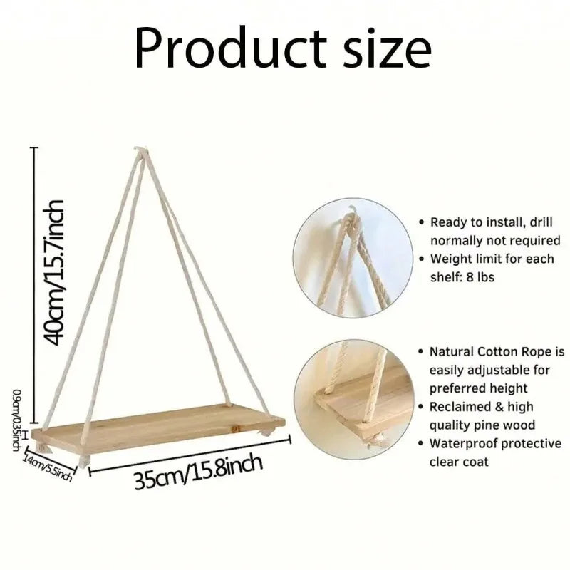 1PC Wooden Swing Hanging Hemp Rope Wall Shelve Mounted Floating