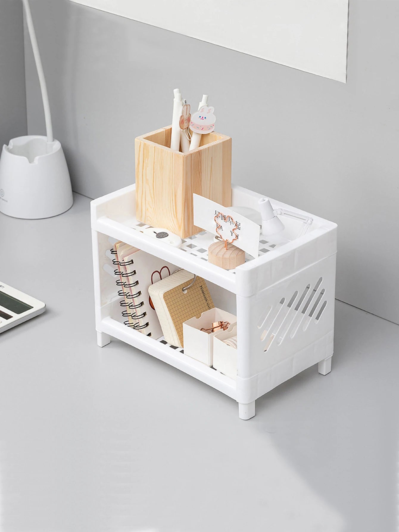 1PC Desktop Double Layer Storage Rack Rectangular White