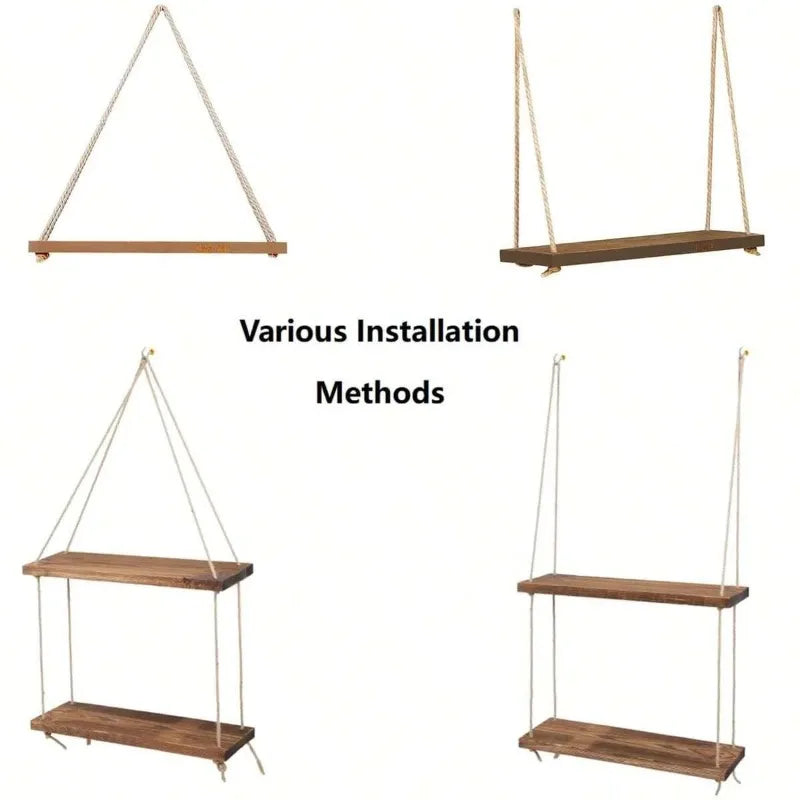 1PC Wooden Swing Hanging Hemp Rope Wall Shelve Mounted Floating