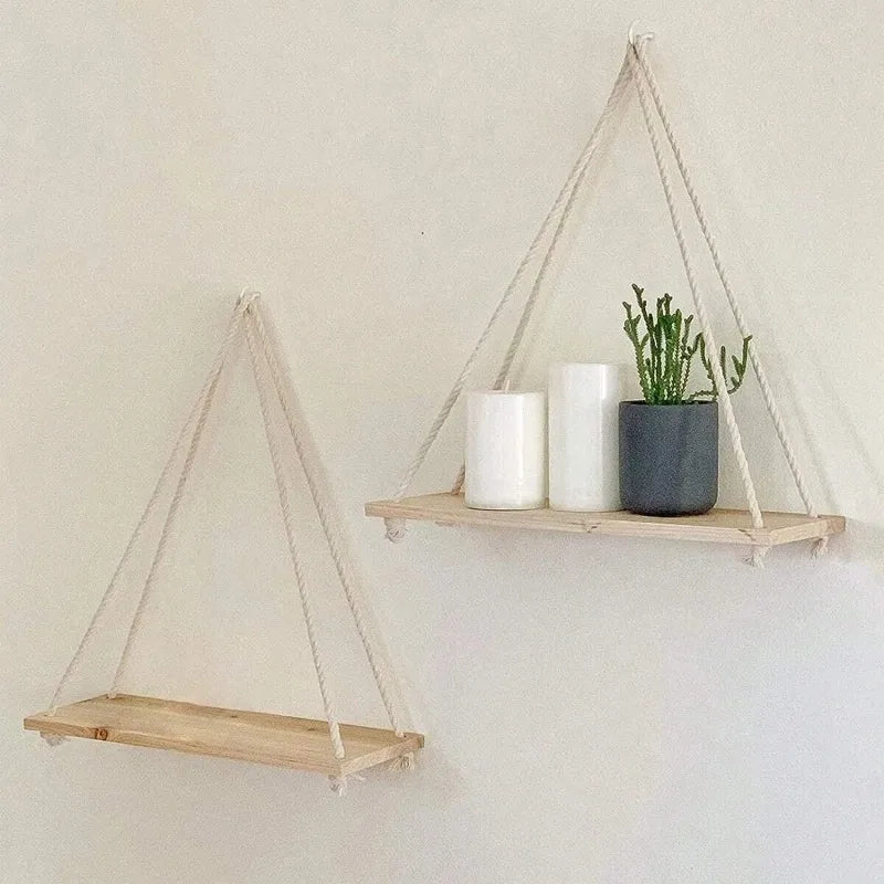 1PC Wooden Swing Hanging Hemp Rope Wall Shelve Mounted Floating
