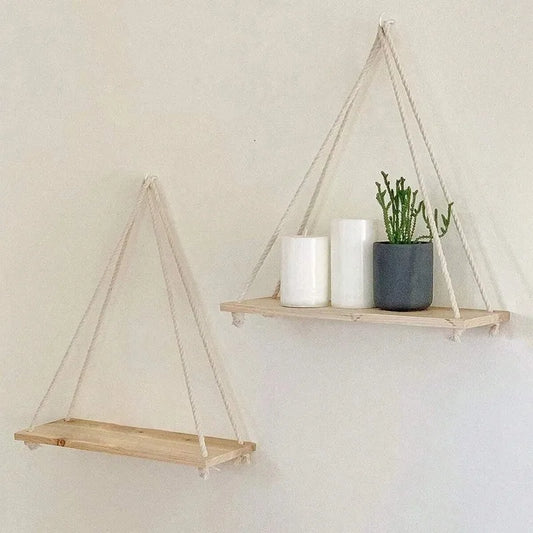 1PC Wooden Swing Hanging Hemp Rope Wall Shelve Mounted Floating